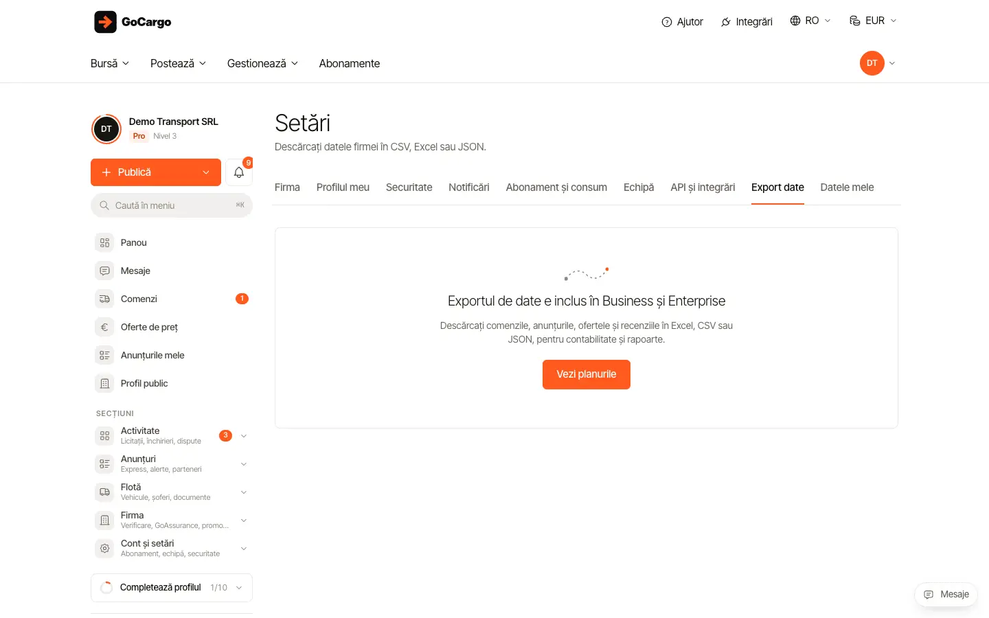 Exportă datele firmei în Excel, CSV sau JSON: Deschideți exportul