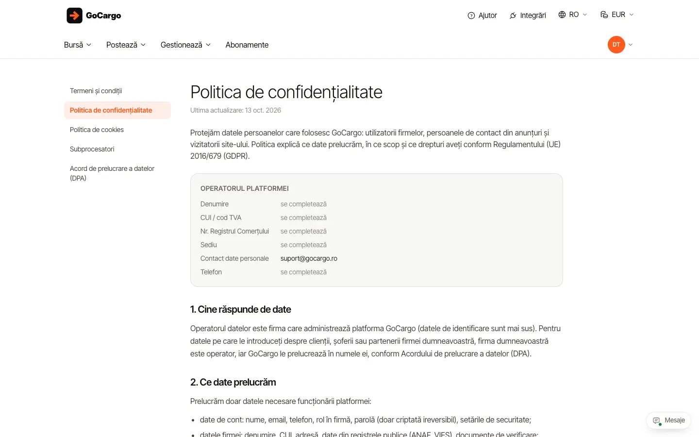 Termeni, confidențialitate, cookie-uri și DPA: Politica de confidențialitate
