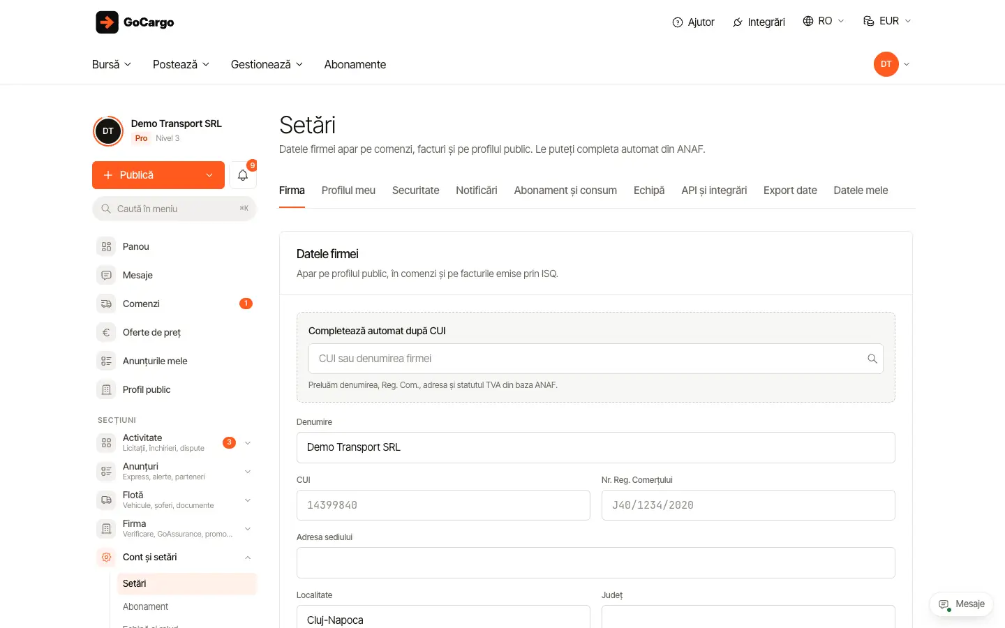 Completați și actualizați datele firmei: Deschideți Setări → Firma
