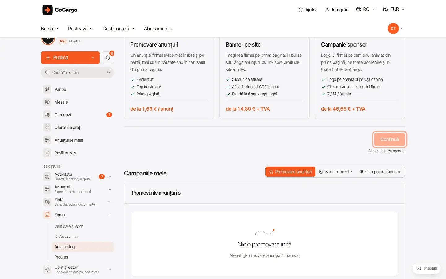 Banner pe site: Alege „Banner pe site”